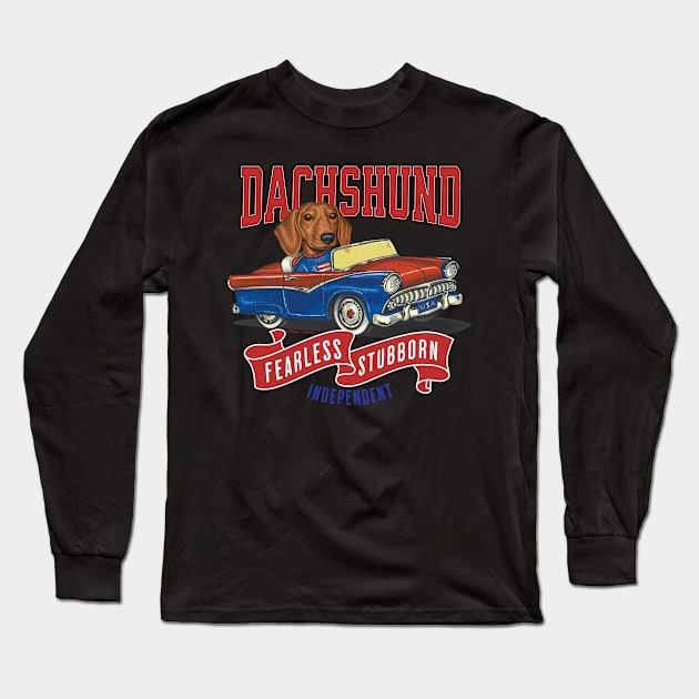 Humor Funny and Cute Doxie Dachshund dog driving a Vintage car with classic red white and blue flags for a retro parade Long Sleeve T-Shirt by Danny Gordon Art